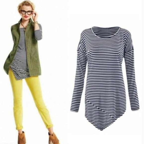 CAbi 5064 Boat Stripe Asymmetrical Hem Long Sleeve Tunic Size S - Picture 1 of 10